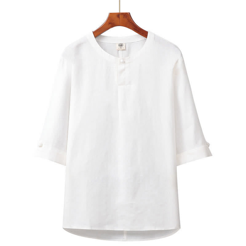 Buddha Stones Camisa minimalista de lino liso con botones y manga hasta el codo para hombre, ideal para primavera y verano. - Blanco - US/UK/AU42, EU52 (3XL) - image 9