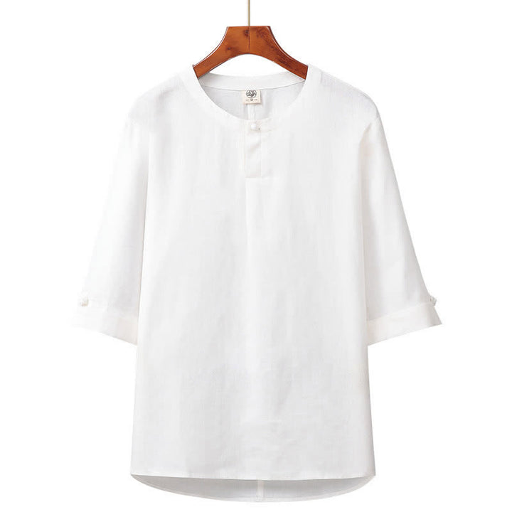 Buddha Stones Camisa minimalista de lino liso con botones y manga hasta el codo para hombre, ideal para primavera y verano. - Blanco - US/UK/AU42, EU52 (3XL) - image 9
