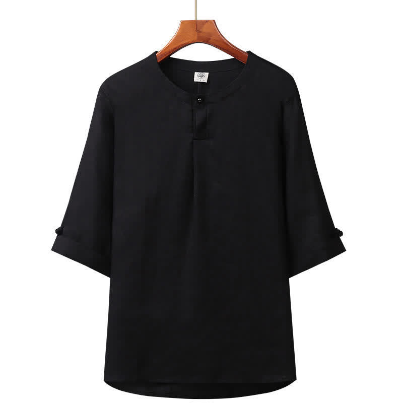 Buddha Stones Camisa minimalista de lino liso con botones y manga hasta el codo para hombre, ideal para primavera y verano. - Negro - US/UK/AU42, EU52 (3XL) - image 6