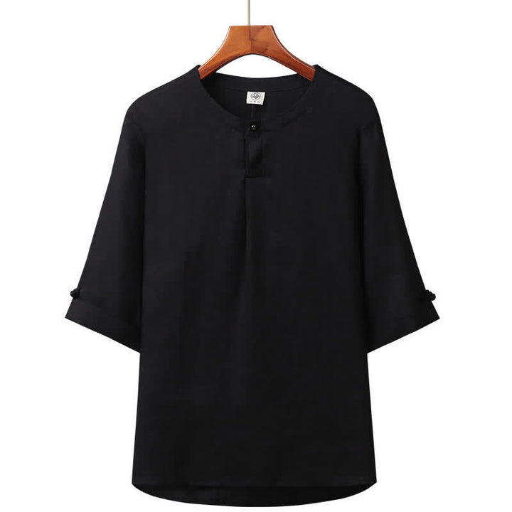 Buddha Stones Camisa minimalista de lino liso con botones y manga hasta el codo para hombre, ideal para primavera y verano. - Negro - US/UK/AU42, EU52 (3XL) - image 6