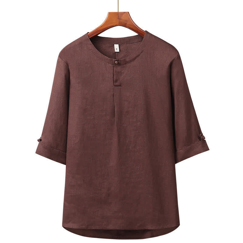 Buddha Stones Camisa minimalista de lino liso con botones y manga hasta el codo para hombre, ideal para primavera y verano. - Marrón silla de montar - US/UK/AU42, EU52 (3XL) - image 7