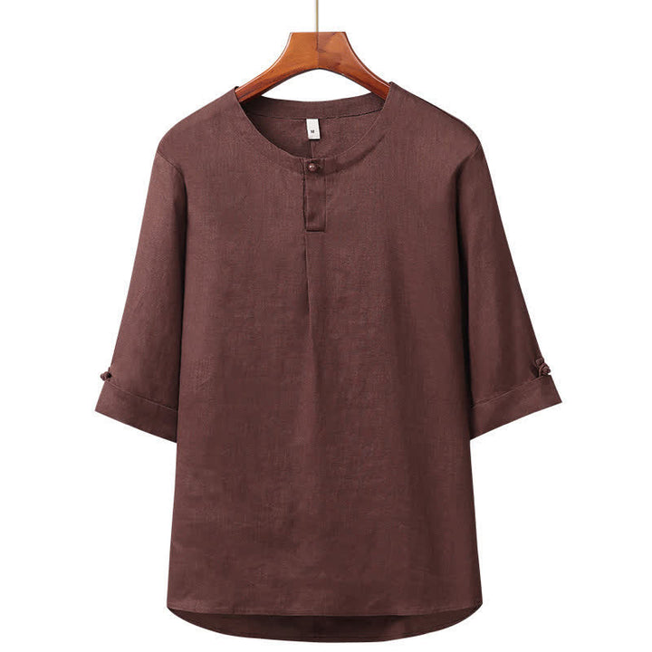 Buddha Stones Camisa minimalista de lino liso con botones y manga hasta el codo para hombre, ideal para primavera y verano. - Marrón silla de montar - US/UK/AU42, EU52 (3XL) - image 7