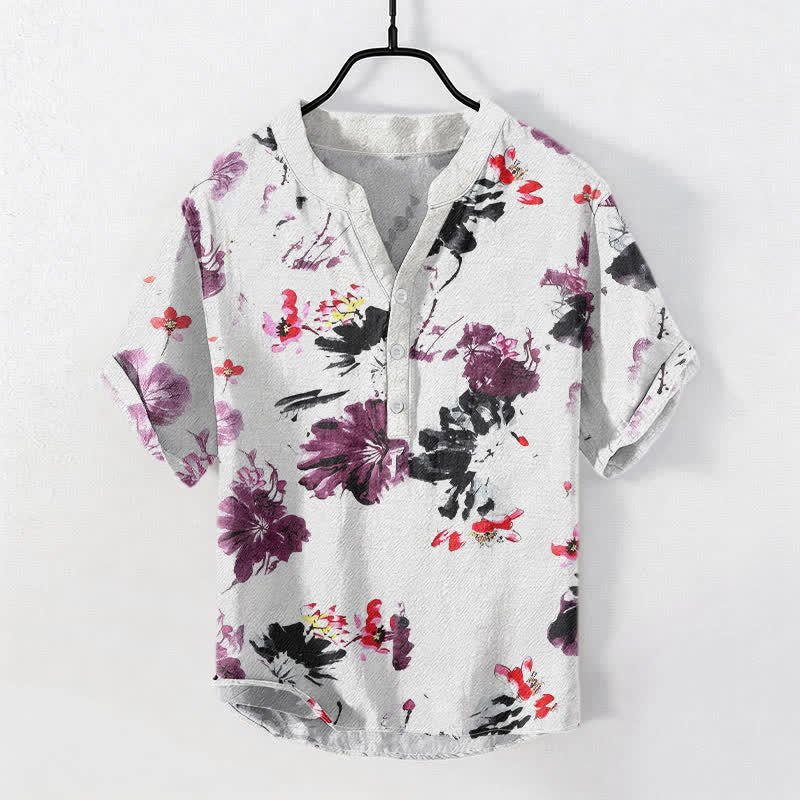 Buddha Stones Camisa de manga corta con medio botón para hombre, de algodón morado con estampado de loto en acuarela. - Blanco - US/UK/AU50, EU60 (5XL) - image 0