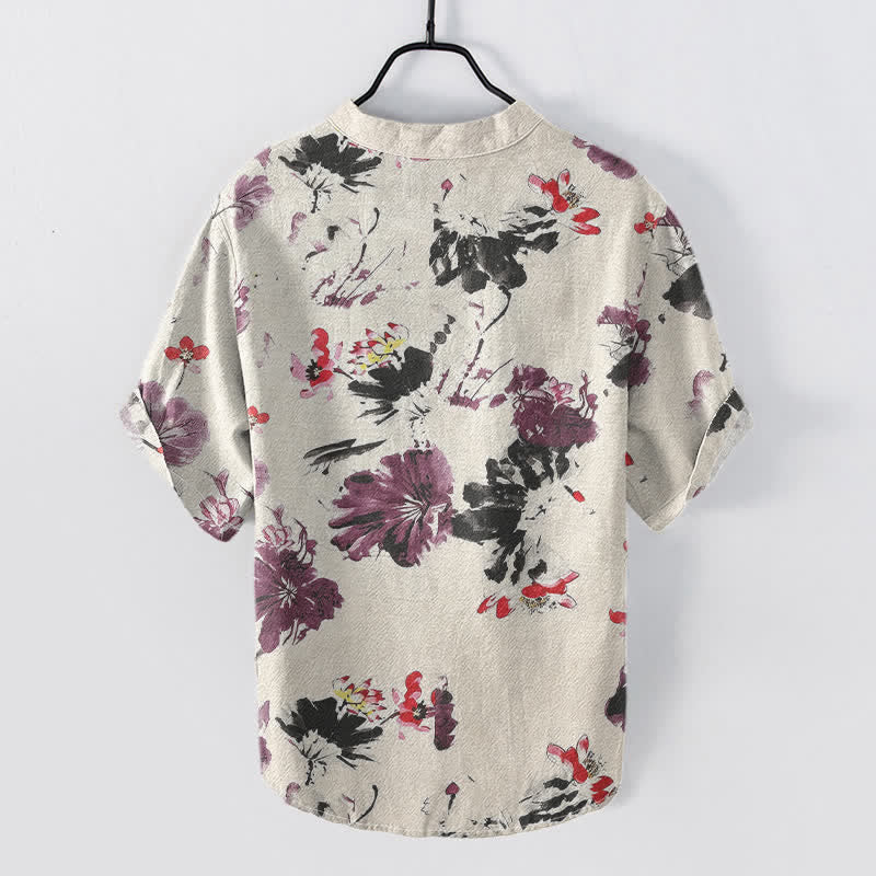 Buddha Stones Camisa de manga corta con medio botón para hombre, de algodón morado con estampado de loto en acuarela. - image 4