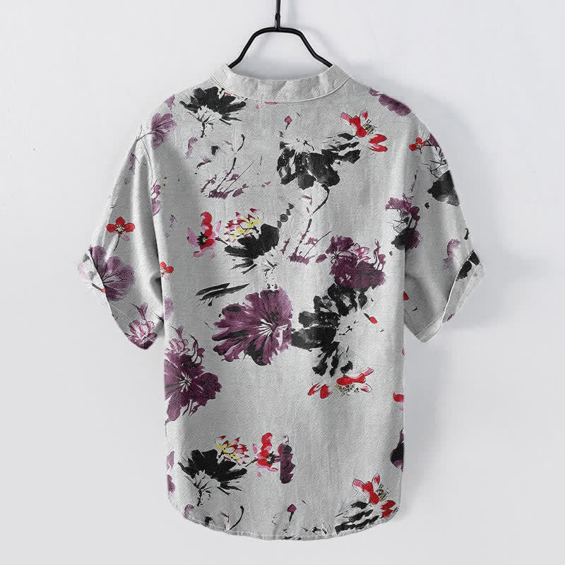 Buddha Stones Camisa de manga corta con medio botón para hombre, de algodón morado con estampado de loto en acuarela. - image 6