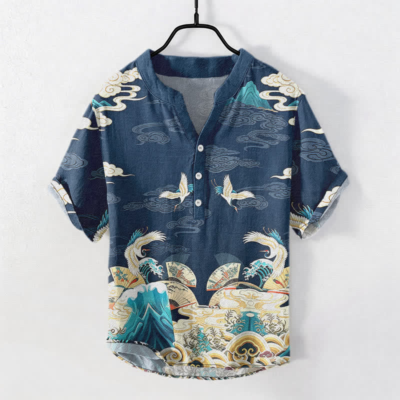 Buddha Stones Camisa de manga corta con medio botón para hombre, de algodón, con estampado de nubes y grullas. - Marina de guerra - US/UK/AU50, EU60 (5XL) - image 5