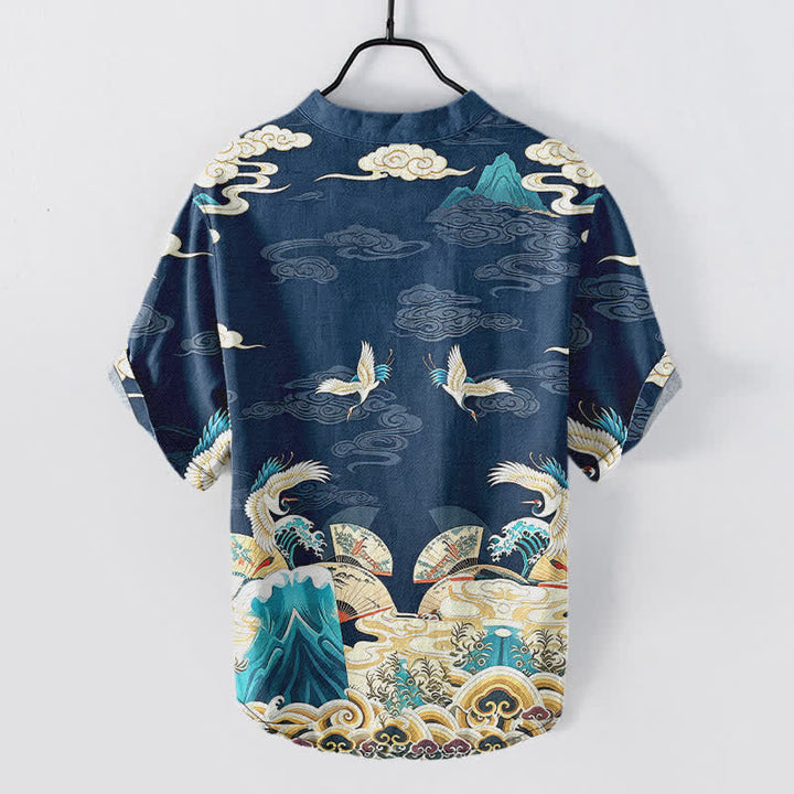 Buddha Stones Camisa de manga corta con medio botón para hombre, de algodón, con estampado de nubes y grullas. - image 6