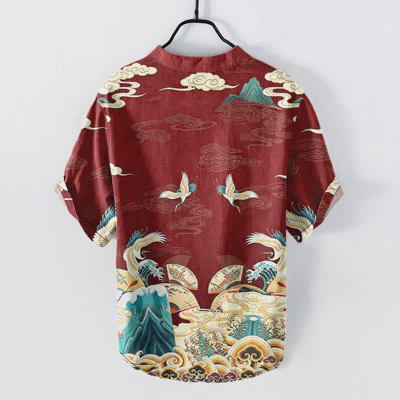 Buddha Stones Camisa de manga corta con medio botón para hombre, de algodón, con estampado de nubes y grullas. - image 8