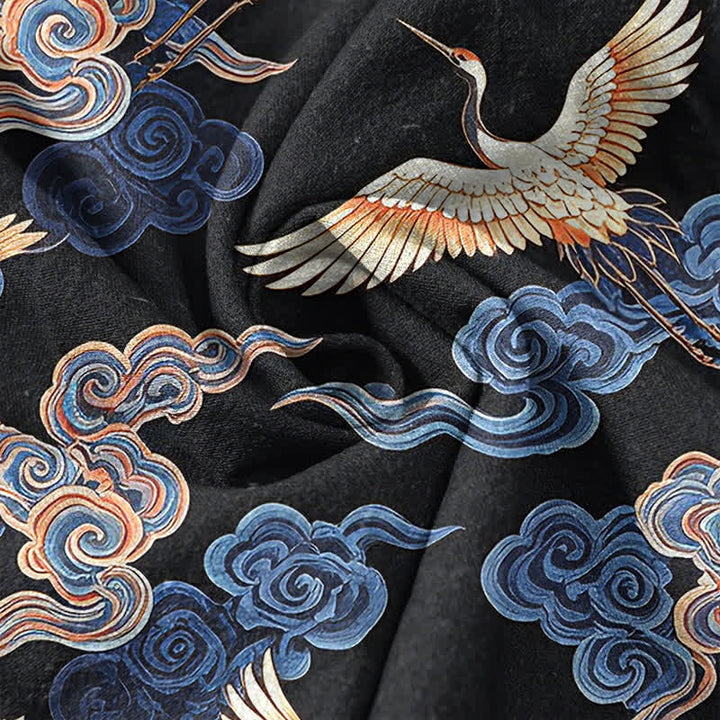 Buddha Stones Camisa de manga corta con medio botón para hombre, de algodón, con estampado de grulla oriental y nubes. - image 4