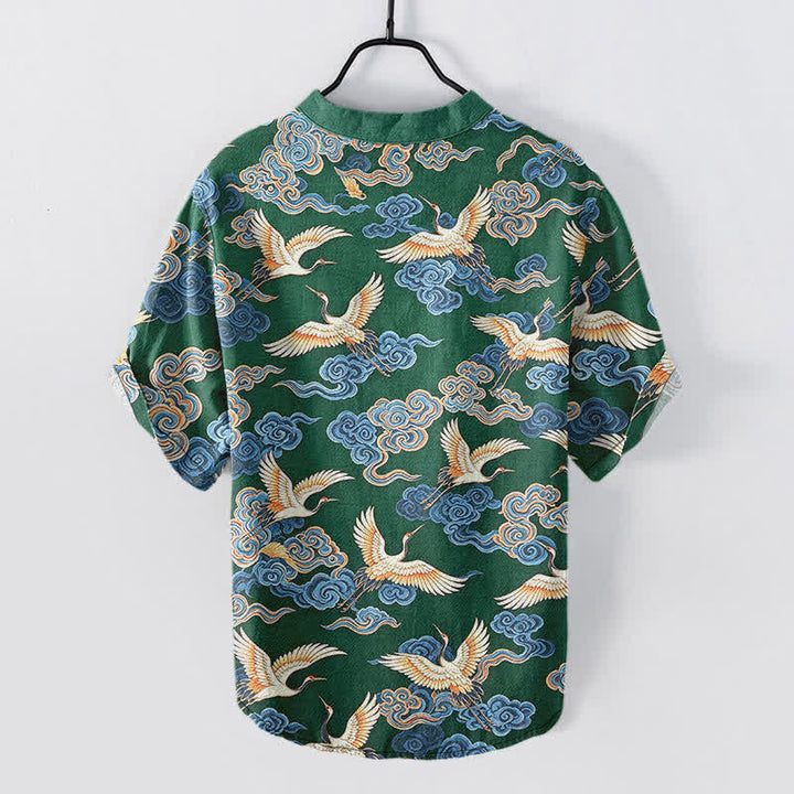 Buddha Stones Camisa de manga corta con medio botón para hombre, de algodón, con estampado de grulla oriental y nubes. - image 6