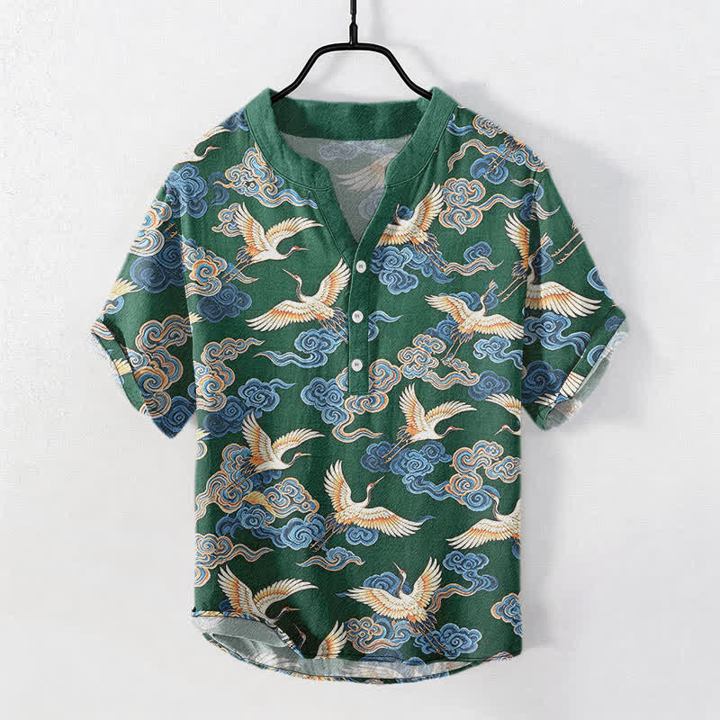Buddha Stones Camisa de manga corta con medio botón para hombre, de algodón, con estampado de grulla oriental y nubes. - Verde bosque - US/UK/AU50, EU60 (5XL) - image 5