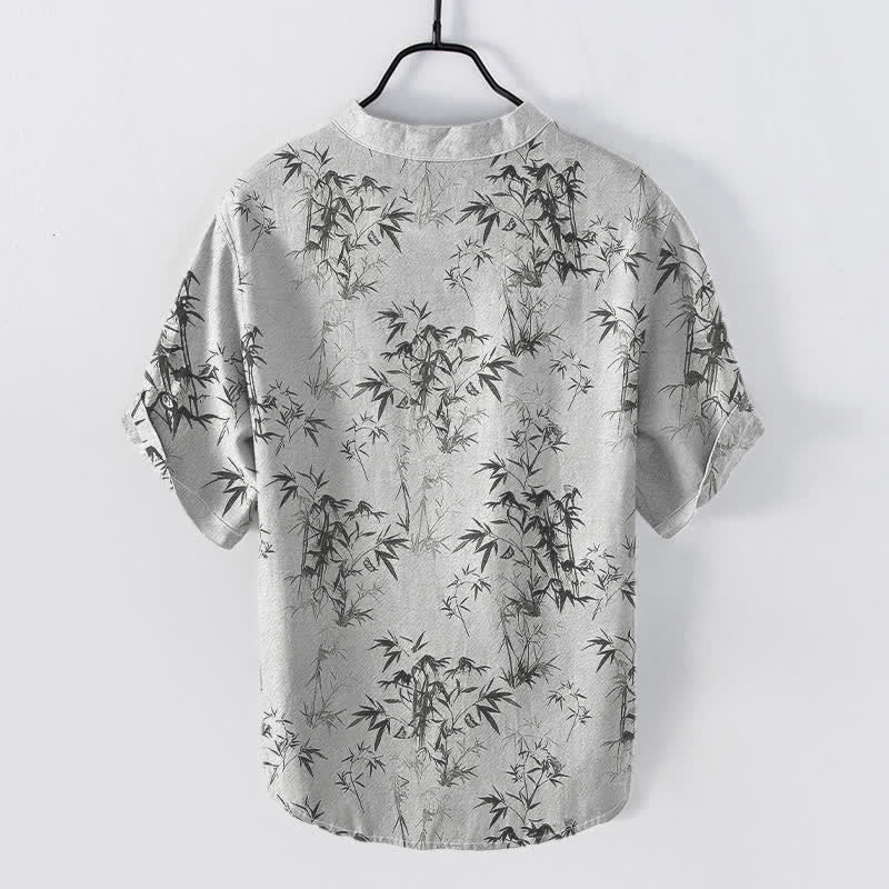 Buddha Stones Camisa de manga corta con medio botón y estampado de hojas de bambú de algodón para hombre - image 1