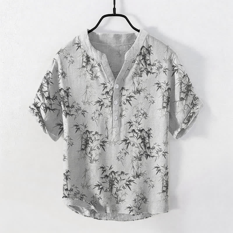 Buddha Stones Camisa de manga corta con medio botón y estampado de hojas de bambú de algodón para hombre - Gainsboro - US/UK/AU50, EU60 (5XL) - image 0