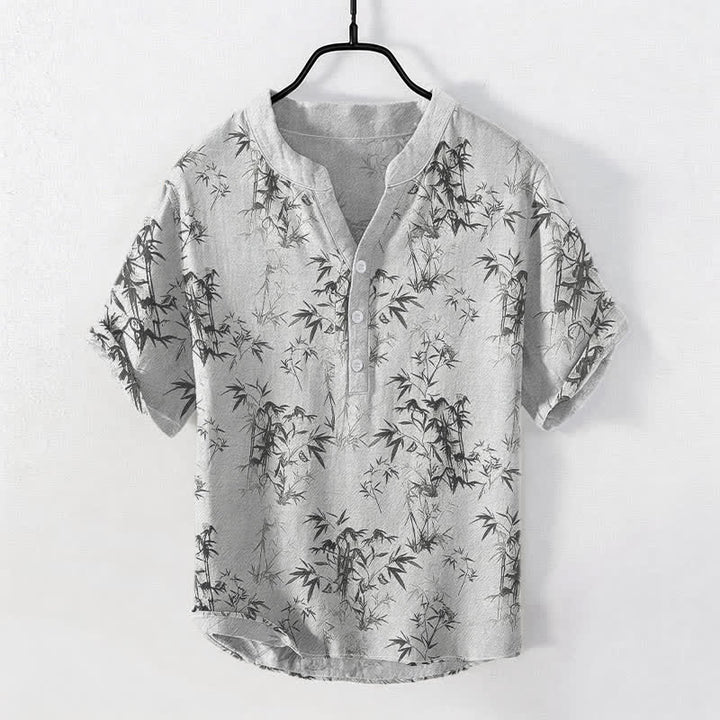 Buddha Stones Camisa de manga corta con medio botón y estampado de hojas de bambú de algodón para hombre - Gainsboro - US/UK/AU50, EU60 (5XL) - image 0