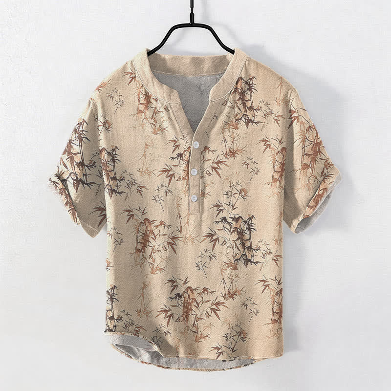Buddha Stones Camisa de manga corta con medio botón y estampado de hojas de bambú de algodón para hombre - Trigo - US/UK/AU50, EU60 (5XL) - image 3