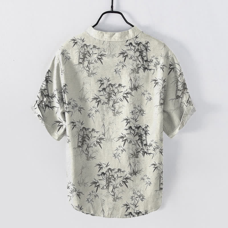 Buddha Stones Camisa de manga corta con medio botón y estampado de hojas de bambú de algodón para hombre - image 6