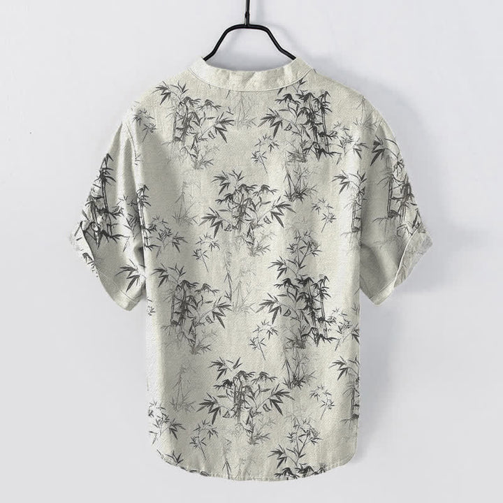 Buddha Stones Camisa de manga corta con medio botón y estampado de hojas de bambú de algodón para hombre - image 6