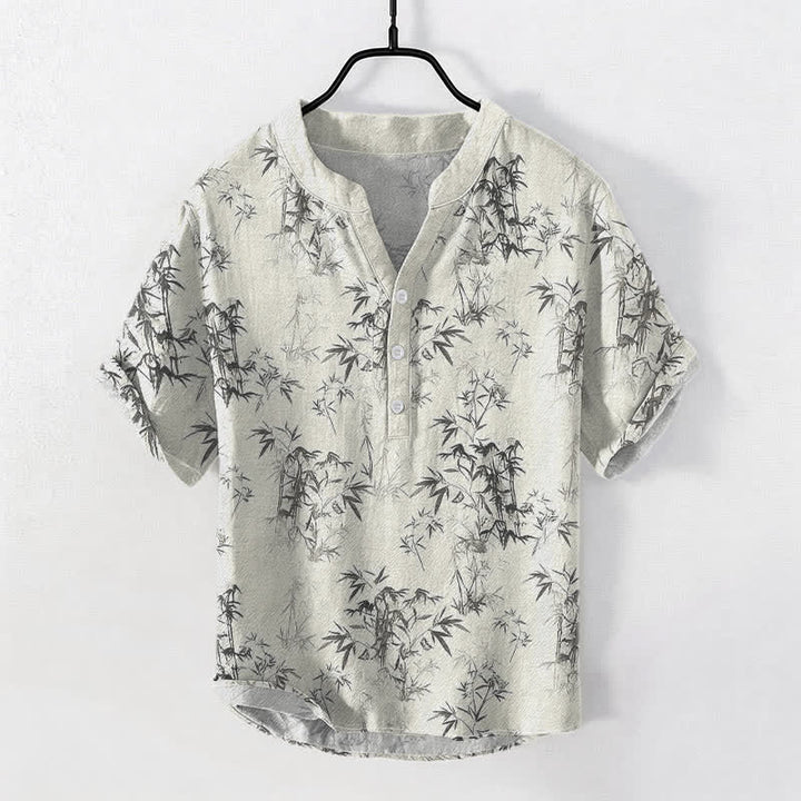 Buddha Stones Camisa de manga corta con medio botón y estampado de hojas de bambú de algodón para hombre - Marfil - US/UK/AU50, EU60 (5XL) - image 5