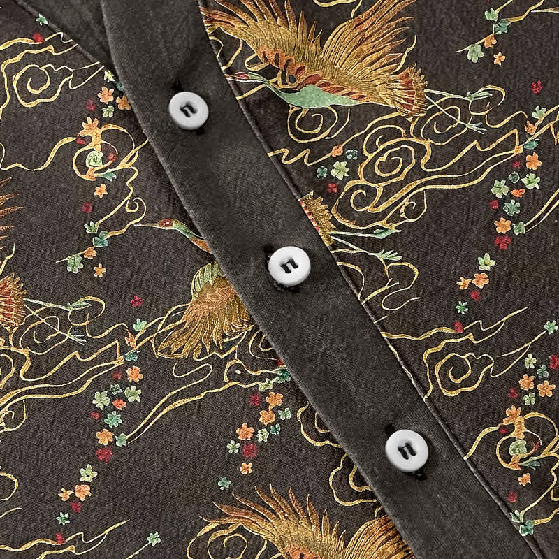 Buddha Stones Camisa de manga corta con medio botón para hombre, de algodón, con estampado de grulla dorada y nubes. - image 3