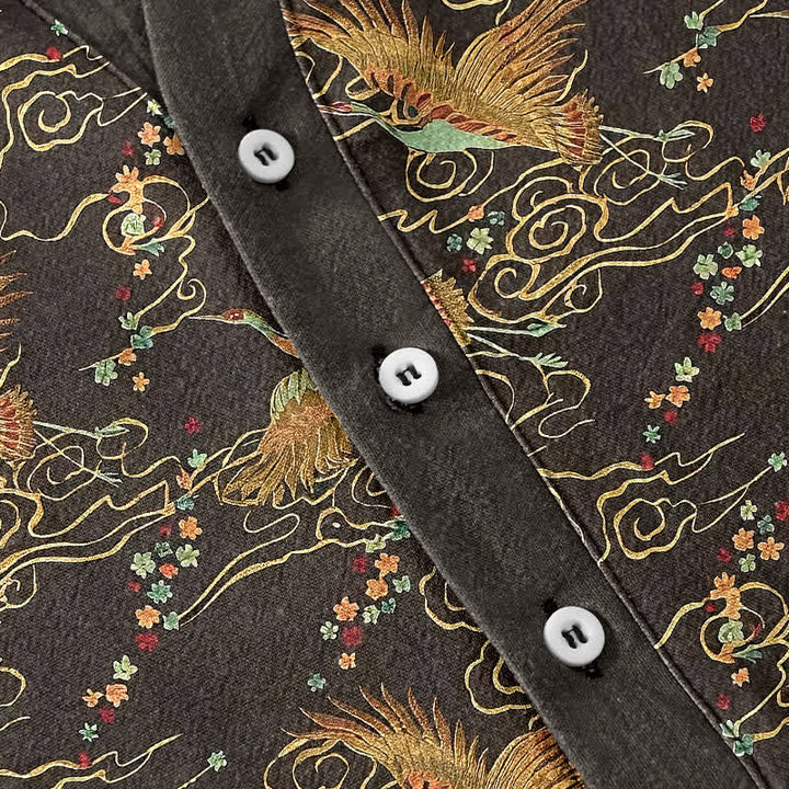 Buddha Stones Camisa de manga corta con medio botón para hombre, de algodón, con estampado de grulla dorada y nubes. - image 3
