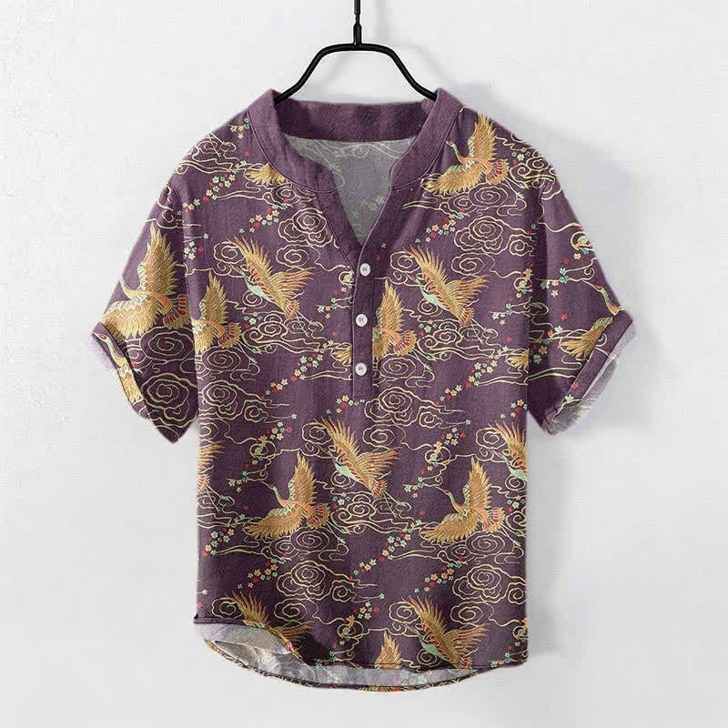 Buddha Stones Camisa de manga corta con medio botón para hombre, de algodón, con estampado de grulla dorada y nubes. - Púrpura - US/UK/AU50, EU60 (5XL) - image 5