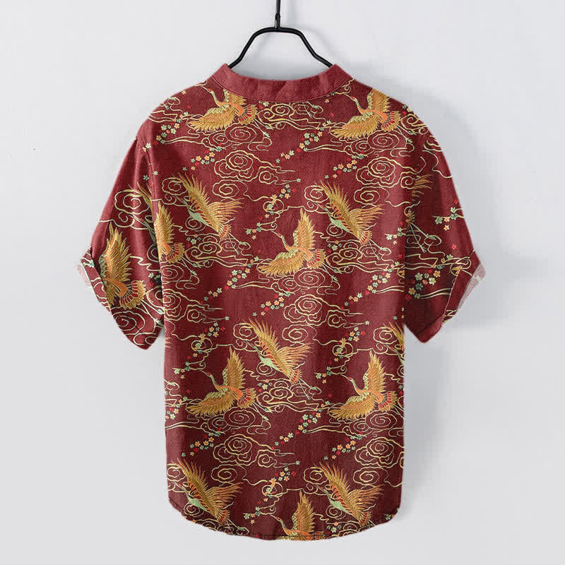 Buddha Stones Camisa de manga corta con medio botón para hombre, de algodón, con estampado de grulla dorada y nubes. - image 8