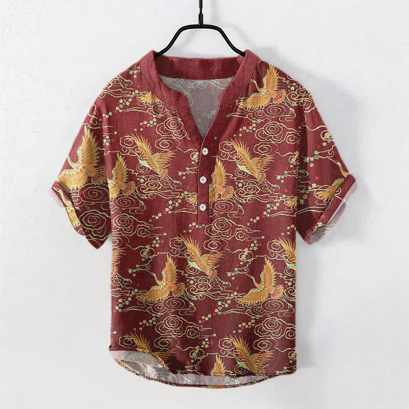Buddha Stones Camisa de manga corta con medio botón para hombre, de algodón, con estampado de grulla dorada y nubes. - Granate - US/UK/AU50, EU60 (5XL) - image 7
