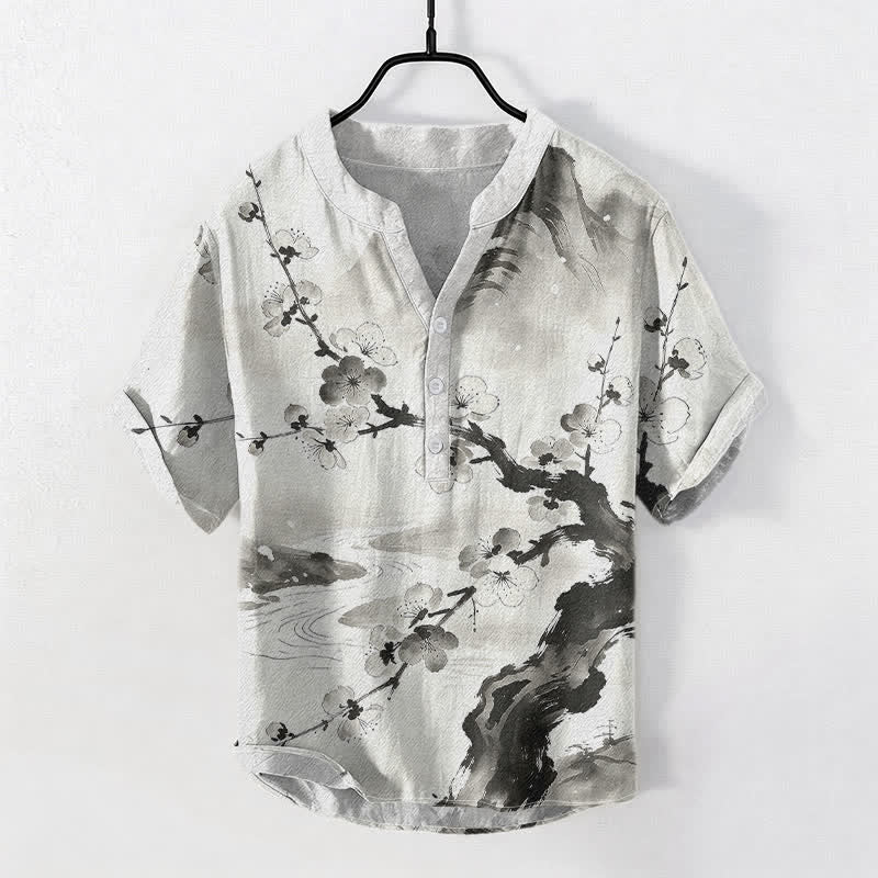 Buddha Stones Camisa de manga corta con medio botón para hombre, con estampado de flores de ciruelo y tinta de algodón. - Marfil - US/UK/AU50, EU60 (5XL) - image 0