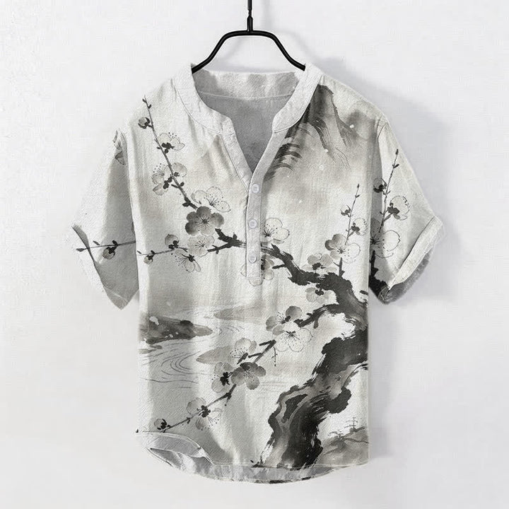 Buddha Stones Camisa de manga corta con medio botón para hombre, con estampado de flores de ciruelo y tinta de algodón. - Marfil - US/UK/AU50, EU60 (5XL) - image 0