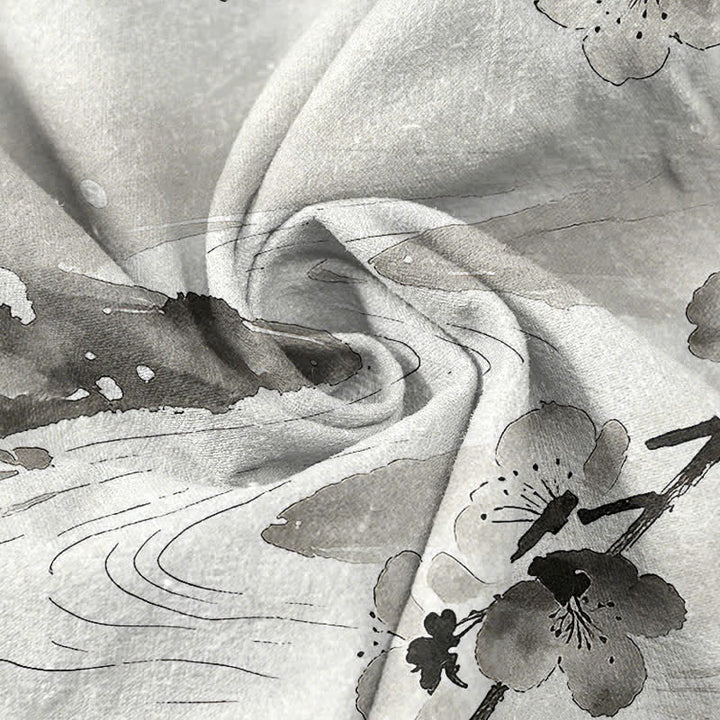 Buddha Stones Camisa de manga corta con medio botón para hombre, con estampado de flores de ciruelo y tinta de algodón. - image 2