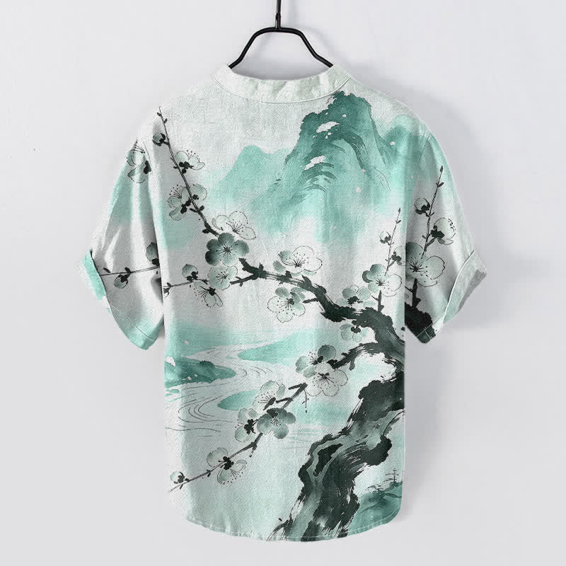 Buddha Stones Camisa de manga corta con medio botón para hombre, con estampado de flores de ciruelo y tinta de algodón. - Aguamarina - US/UK/AU50, EU60 (5XL) - image 4