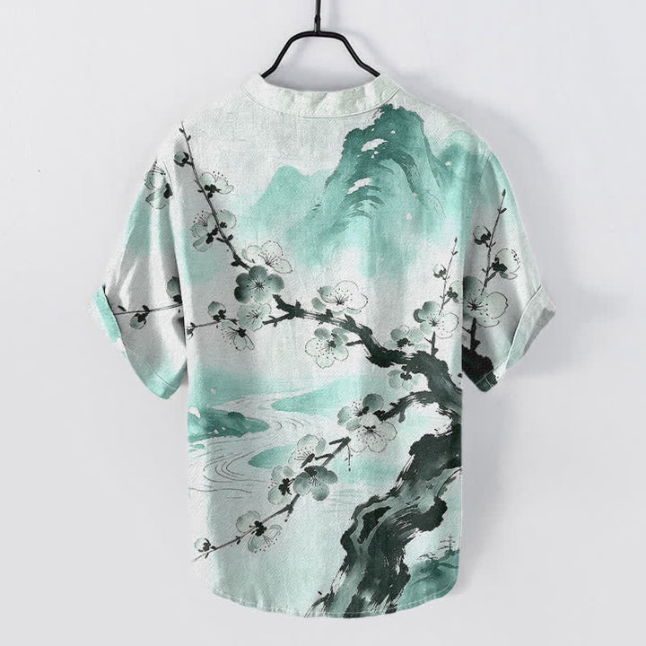 Buddha Stones Camisa de manga corta con medio botón para hombre, con estampado de flores de ciruelo y tinta de algodón. - Aguamarina - US/UK/AU50, EU60 (5XL) - image 4