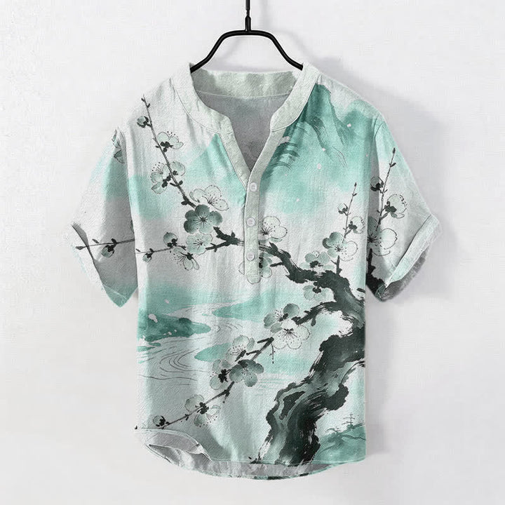 Buddha Stones Camisa de manga corta con medio botón para hombre, con estampado de flores de ciruelo y tinta de algodón. - image 3