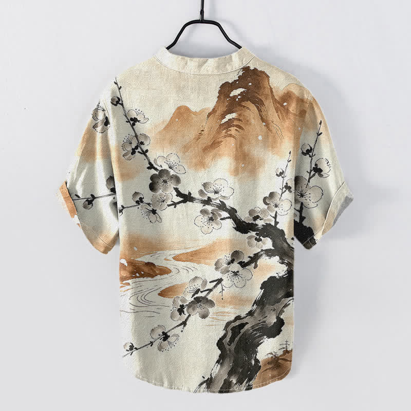 Buddha Stones Camisa de manga corta con medio botón para hombre, con estampado de flores de ciruelo y tinta de algodón. - image 6