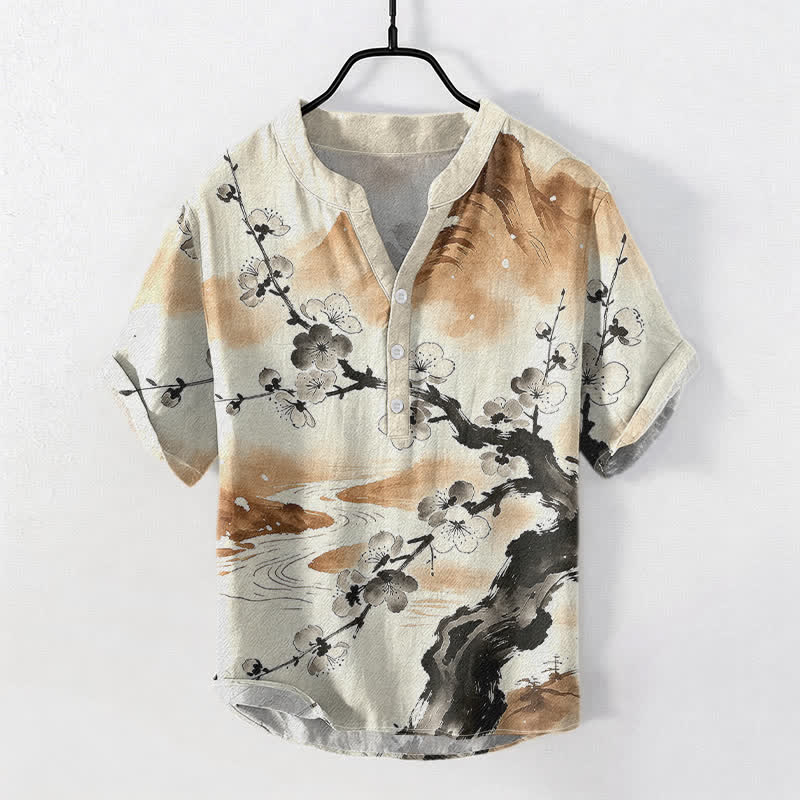 Buddha Stones Camisa de manga corta con medio botón para hombre, con estampado de flores de ciruelo y tinta de algodón. - Trigo - US/UK/AU50, EU60 (5XL) - image 5
