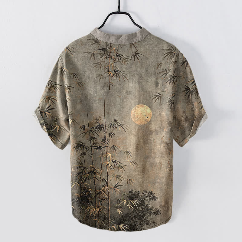 Buddha Stones Camisa de manga corta con medio botón para hombre, de algodón, con estampado de bambú y luna dorada. - image 6