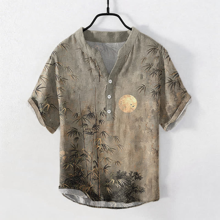 Buddha Stones Camisa de manga corta con medio botón para hombre, de algodón, con estampado de bambú y luna dorada. - Gris oscuro - US/UK/AU50, EU60 (5XL) - image 5