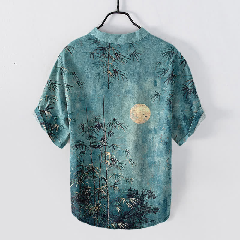 Buddha Stones Camisa de manga corta con medio botón para hombre, de algodón, con estampado de bambú y luna dorada. - image 8