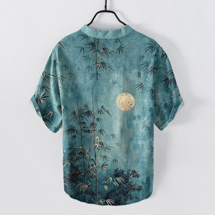 Buddha Stones Camisa de manga corta con medio botón para hombre, de algodón, con estampado de bambú y luna dorada. - image 8