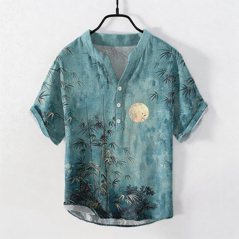 Buddha Stones Camisa de manga corta con medio botón para hombre, de algodón, con estampado de bambú y luna dorada. - Verde azulado - US/UK/AU50, EU60 (5XL) - image 7