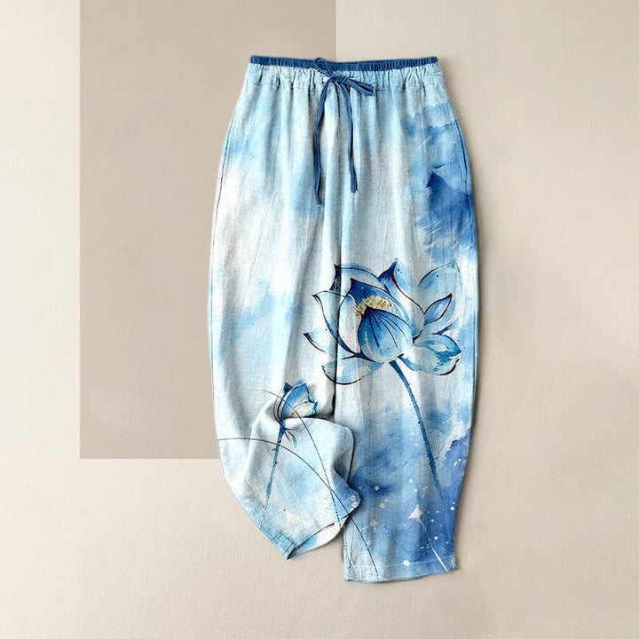 Buddha Stones Pantalones de mujer de algodón puro con estampado de loto en acuarela, cintura elástica y bolsillos. - Azul claro - US16，UK/AU20，EU48 (3XL) - image 0