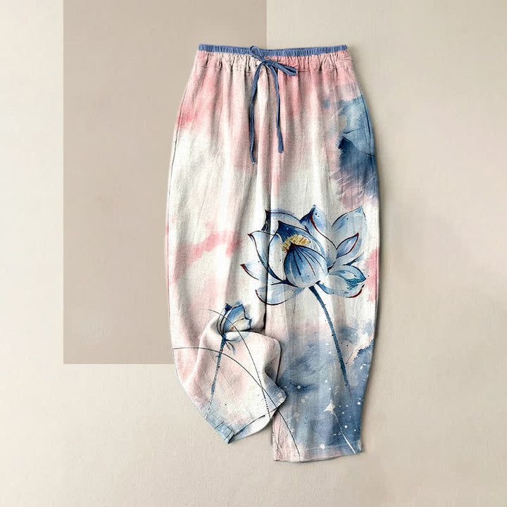 Buddha Stones Pantalones de mujer de algodón puro con estampado de loto en acuarela, cintura elástica y bolsillos. - Marfil - US16，UK/AU20，EU48 (3XL) - image 3