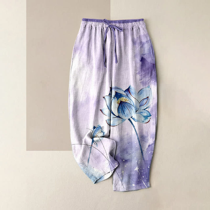 Buddha Stones Pantalones de mujer de algodón puro con estampado de loto en acuarela, cintura elástica y bolsillos. - Lavanda - US16，UK/AU20，EU48 (3XL) - image 4