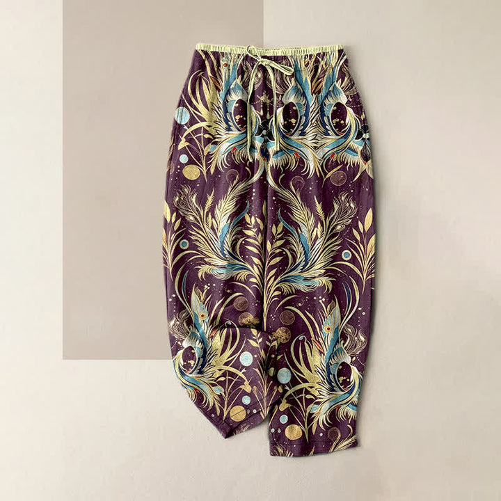 Buddha Stones Pantalones de mujer de algodón puro con estampado de plumas de pavo real y cintura elástica, con bolsillos. - Violeta oscuro - US16，UK/AU20，EU48 (3XL) - image 0