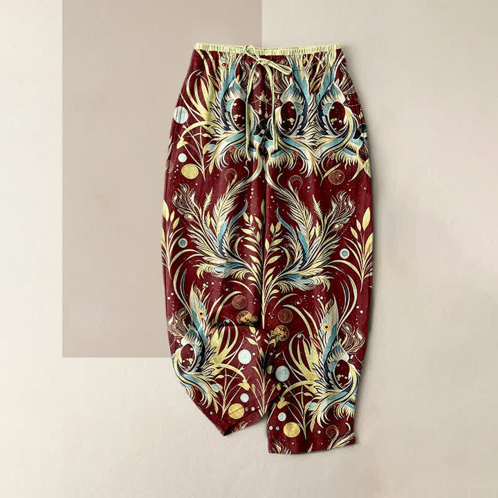 Buddha Stones Pantalones de mujer de algodón puro con estampado de plumas de pavo real y cintura elástica, con bolsillos. - Granate - US16，UK/AU20，EU48 (3XL) - image 4