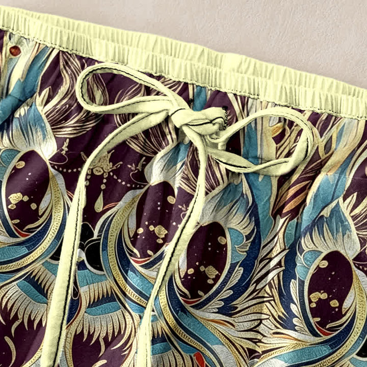 Buddha Stones Pantalones de mujer de algodón puro con estampado de plumas de pavo real y cintura elástica, con bolsillos. - image 1