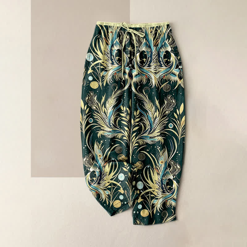 Buddha Stones Pantalones de mujer de algodón puro con estampado de plumas de pavo real y cintura elástica, con bolsillos. - Verde oscuro - US16，UK/AU20，EU48 (3XL) - image 5