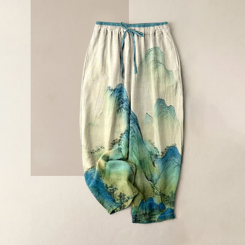 Buddha Stones Pantalones de mujer de algodón puro con estampado de montaña lavado a la tinta y cintura elástica con bolsillos. - Blanco antiguo - US16，UK/AU20，EU48 (3XL) - image 0