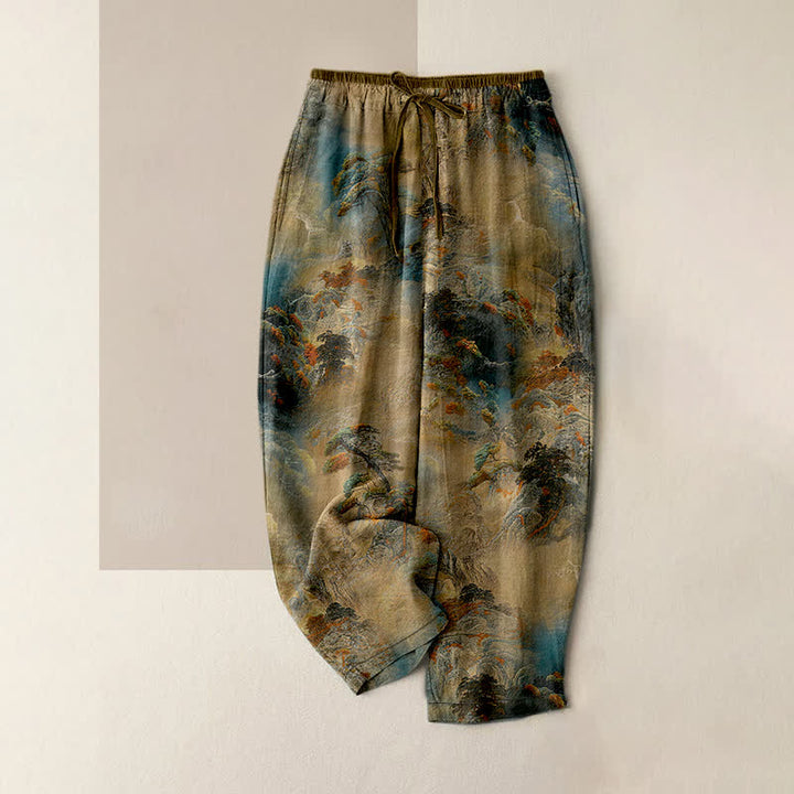 Buddha Stones Pantalones de mujer de algodón con estampado de paisaje montañoso lavado a la tinta y cintura elástica con bolsillos. - Broncearse - US16，UK/AU20，EU48 (3XL) - image 0