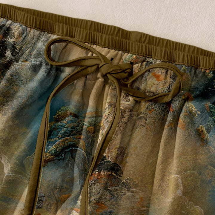 Buddha Stones Pantalones de mujer de algodón con estampado de paisaje montañoso lavado a la tinta y cintura elástica con bolsillos. - image 1